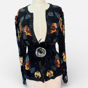 LESLIE FAY Vintage Autumn color sequins with iridescent peacock metallic beading